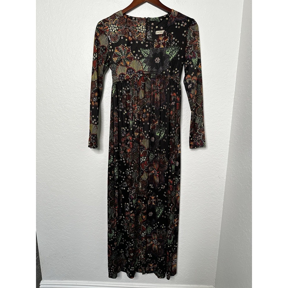 Vintage Lord & Taylor Black Colorful Folk Floral Maxi Dress Front Slits - Picture 2 of 6